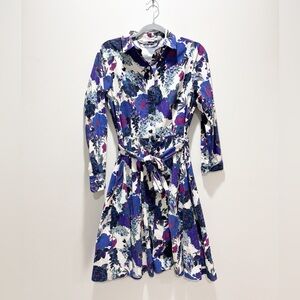 Rosso35 Floral Multi Corduroy Belted Shirt Button Up Dress Fit & Flare Sz 10